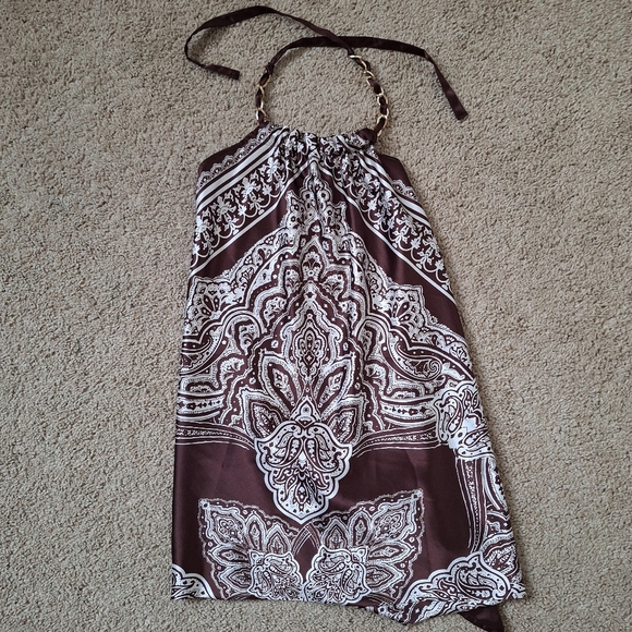 le chateau Brown and White Paisley Bandana Tie Satin Top Classic Y2K Style - Picture 2 of 3